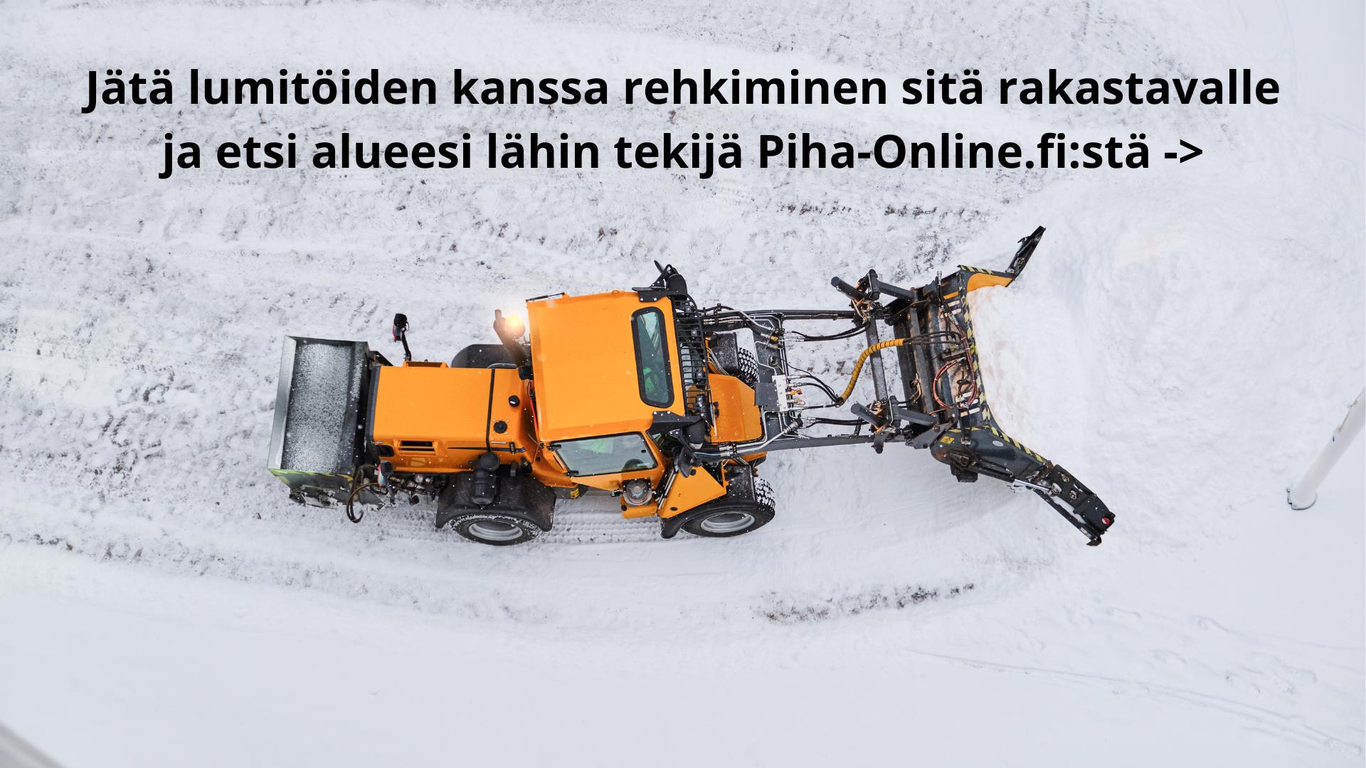 Lumityöt taloyhtiön pihalla Kuvassa lumityöt tehdään koneellisesti taloyhtiön laajalta parkkipaikka-alueelta.