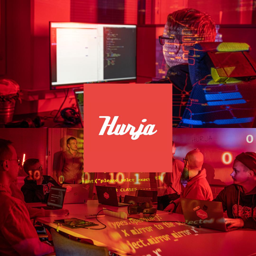 Kuvassa on Hurja Solution Oy:n logo. Taustalla näkyy myös Hurjan työtiimiä, joka toteutti Piha-Onlinen.
