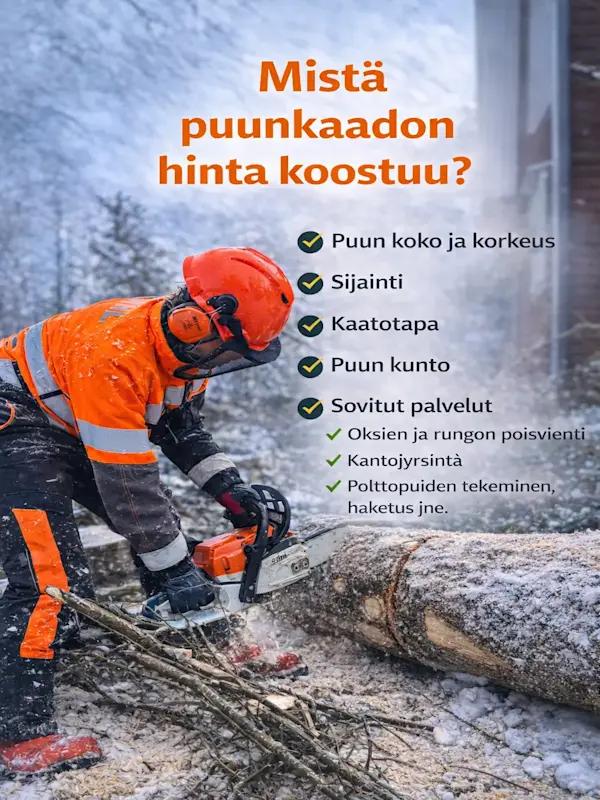 Paljonko puunkaato maksaa Simo? Puunkaadon hintaan vaikuttavat puun koko, kunto, sijainti ja kaatotapa Simossa sekä työvaiheet kuten pätkiminen ja sovitut lisäpalvelut.